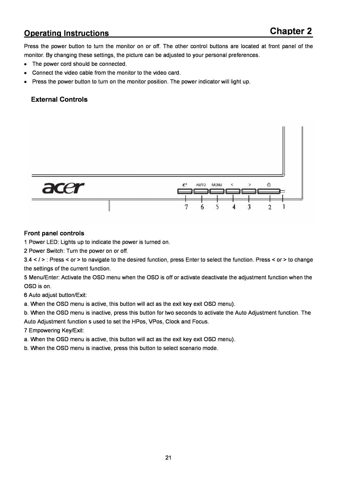 Acer B193R manual Operating Instructions, External Controls, Front panel controls, Chapter 