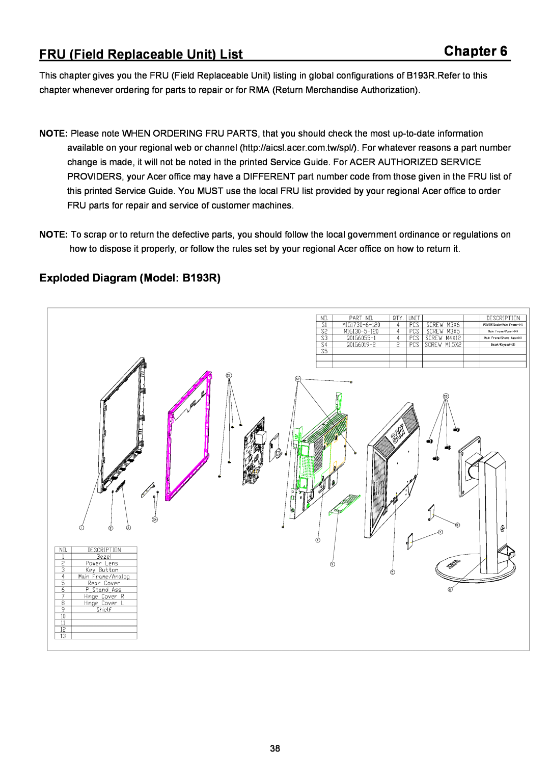 Acer manual Chapter, FRU Field Replaceable Unit List, Exploded Diagram Model B193R 