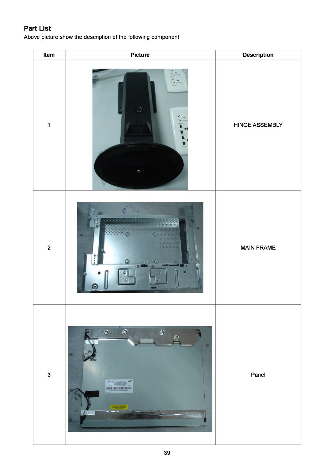 Acer B193R manual Part List, Picture, Description 