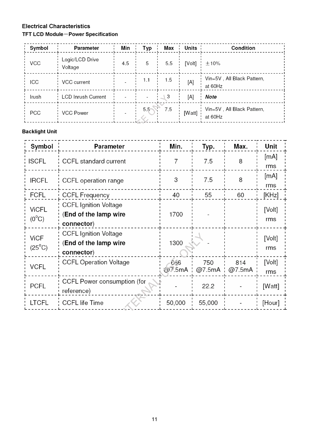 Acer B203W manual Electrical Characteristics, TFT LCD Module－Power Specification Backlight Unit 