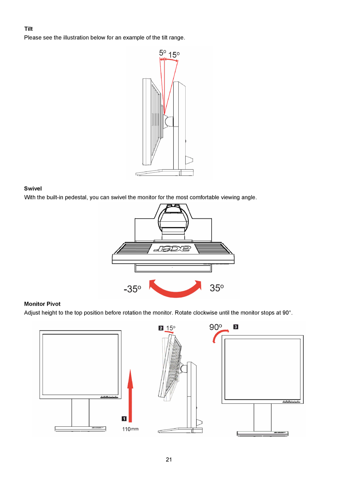 Acer B203W manual Tilt, Swivel, Monitor Pivot 