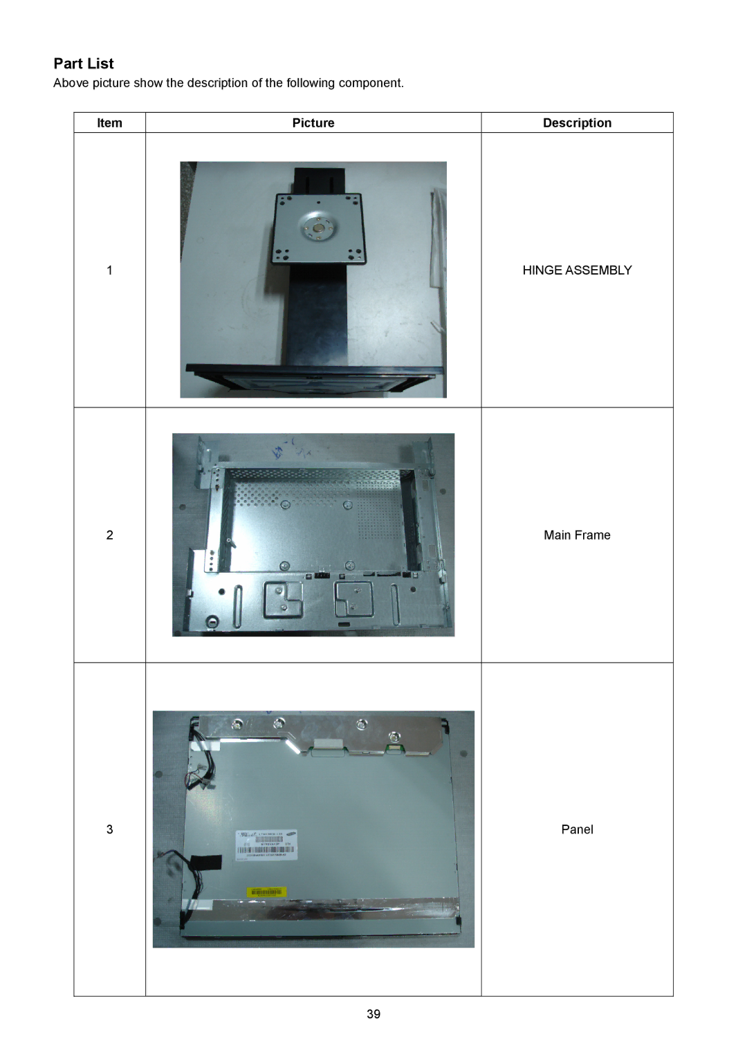 Acer B203W manual Part List, Picture Description 