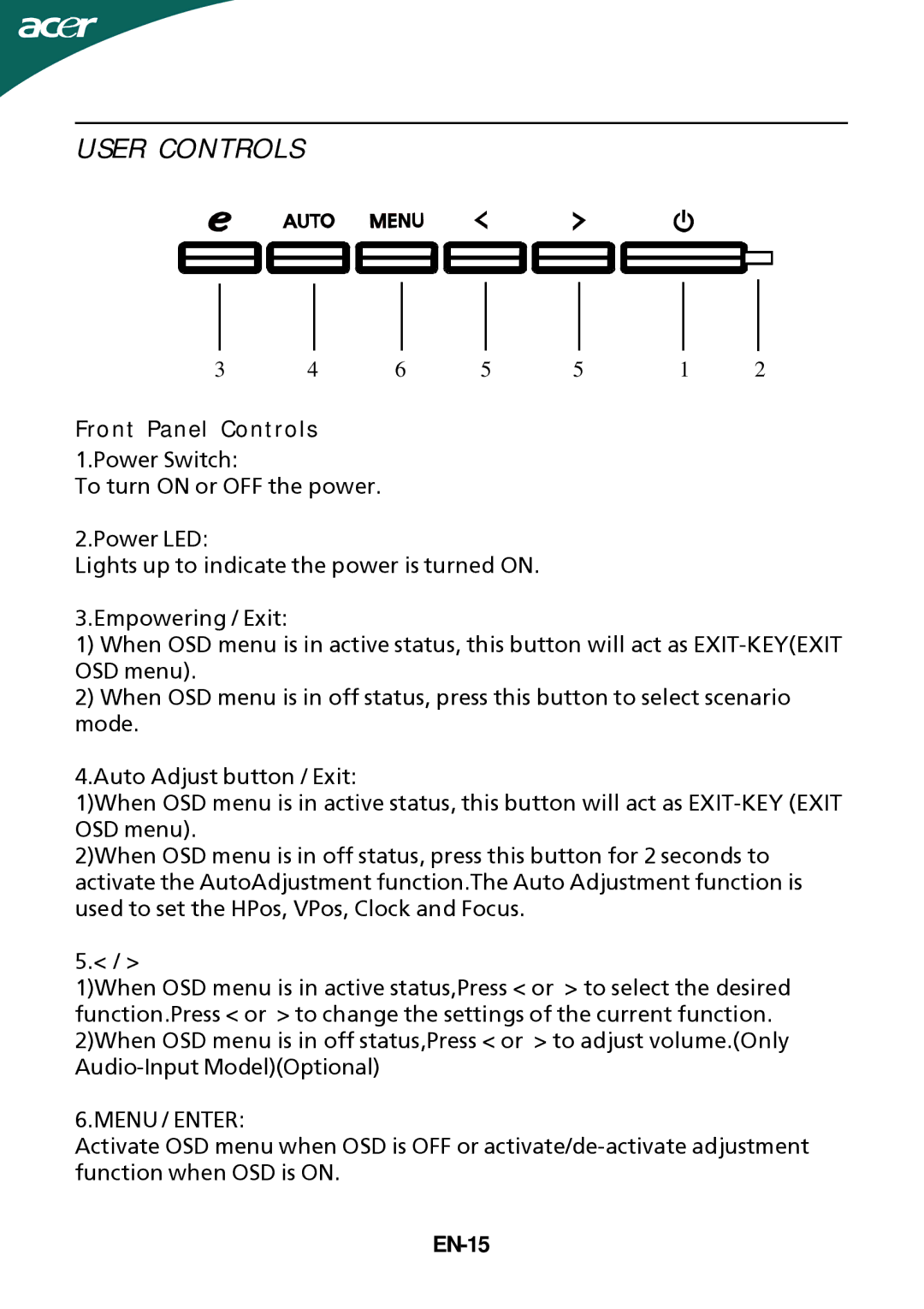 Acer B233HL manual User Controls, Front Panel Controls, EN-15 