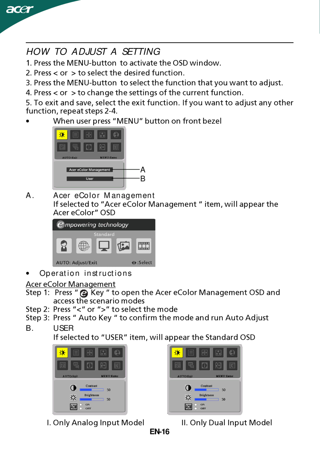 Acer B233HL manual HOW to Adjust a Setting, Acer eColor Management, ∙ Operation instructions, User, EN-16 