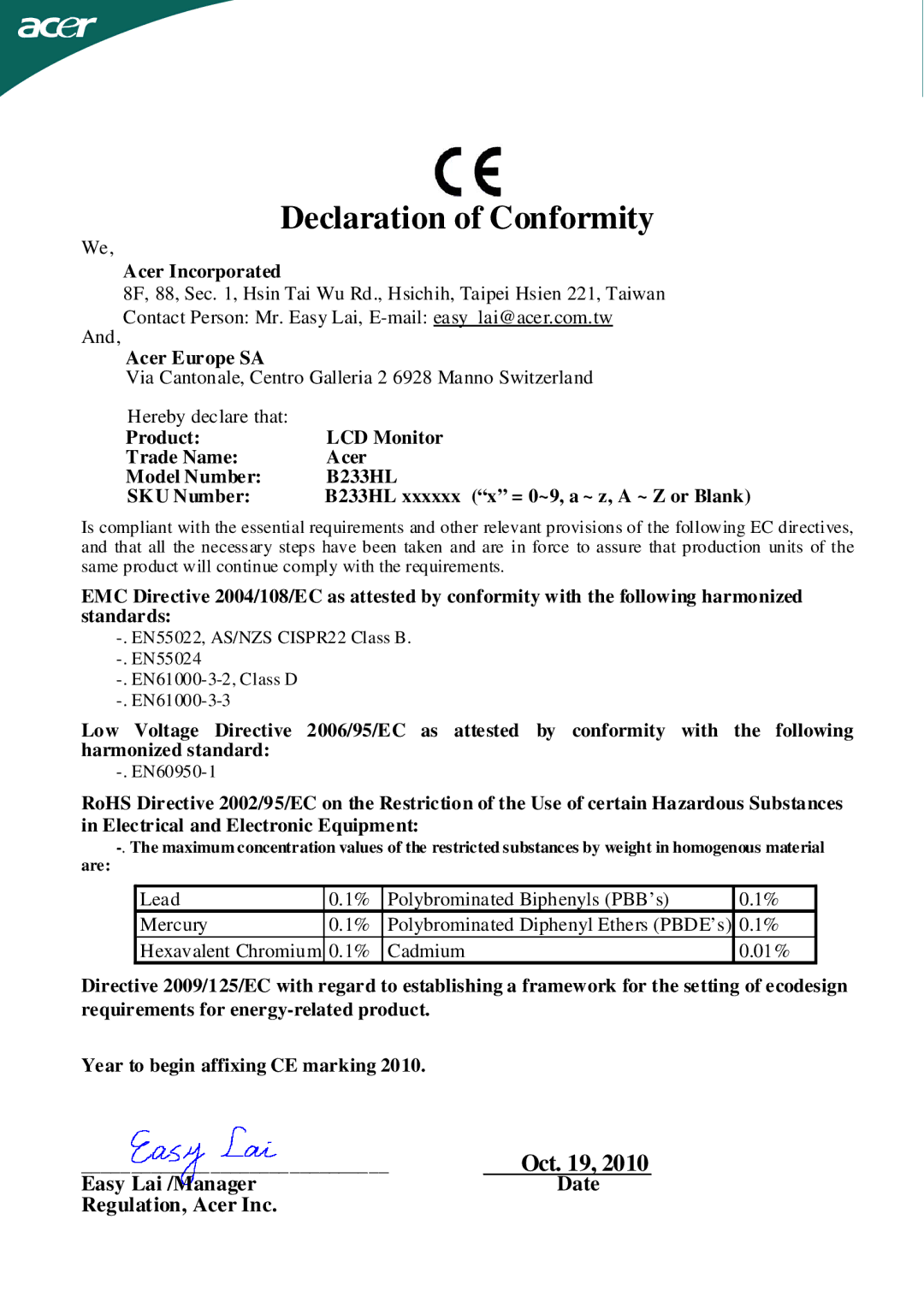 Acer B233HL manual Declaration of Conformity 