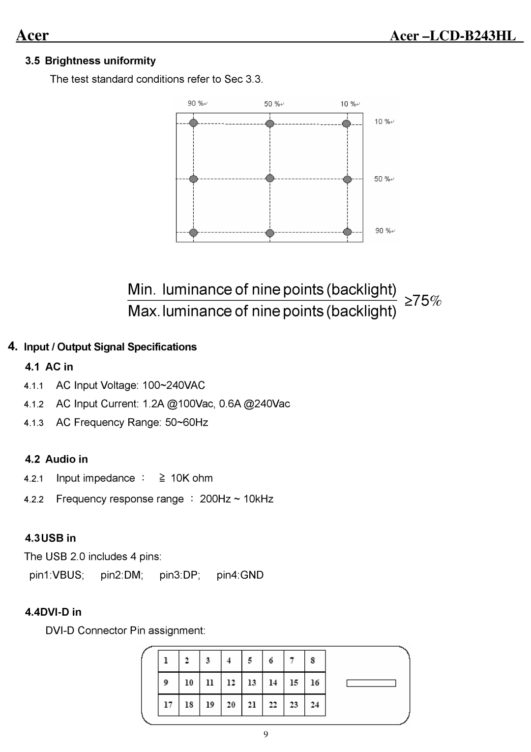 Acer B243HL service manual Brightness uniformity, Input / Output Signal Specifications, Audio, 3USB, 4DVI-D 