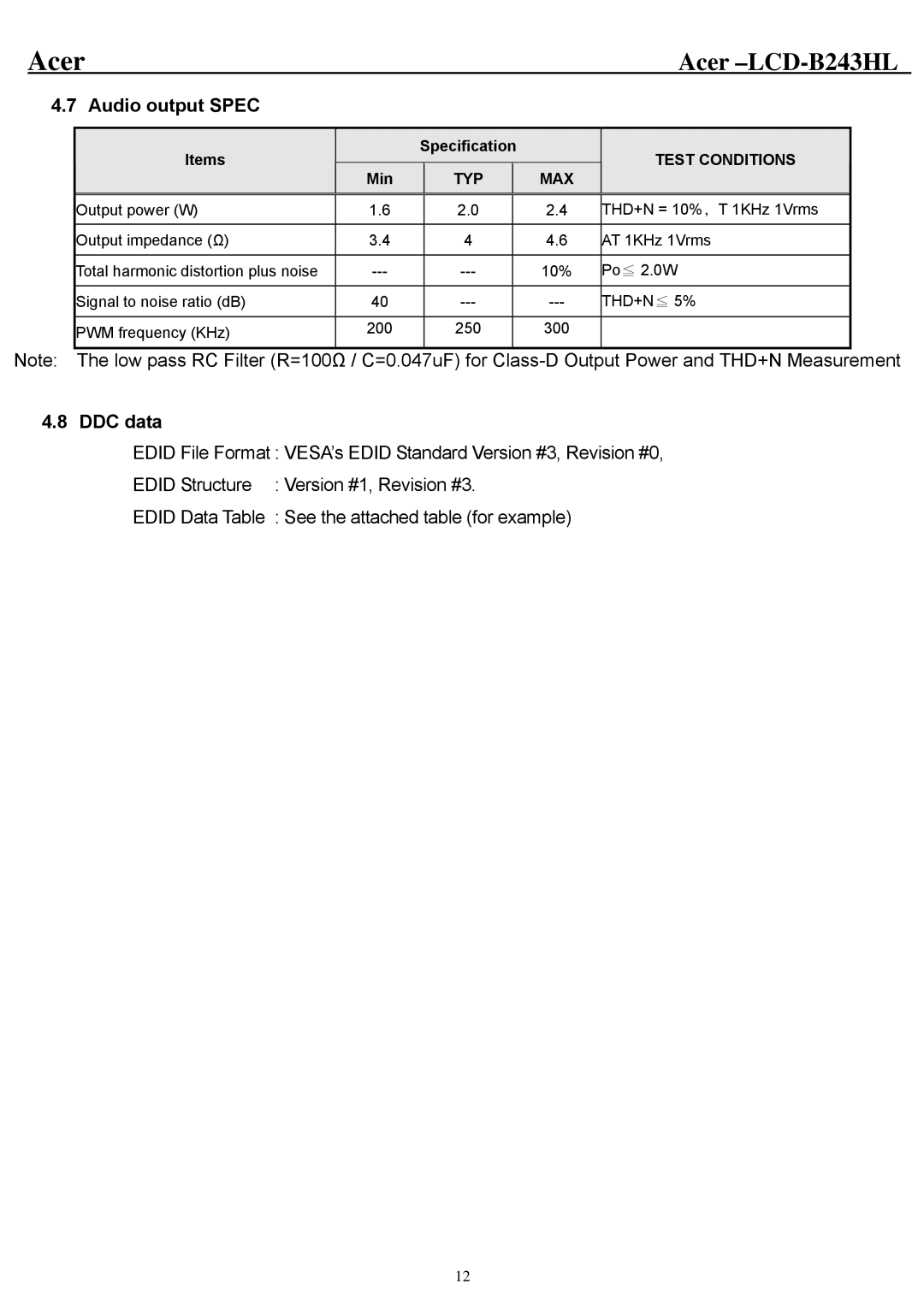 Acer B243HL service manual Audio output Spec, DDC data 