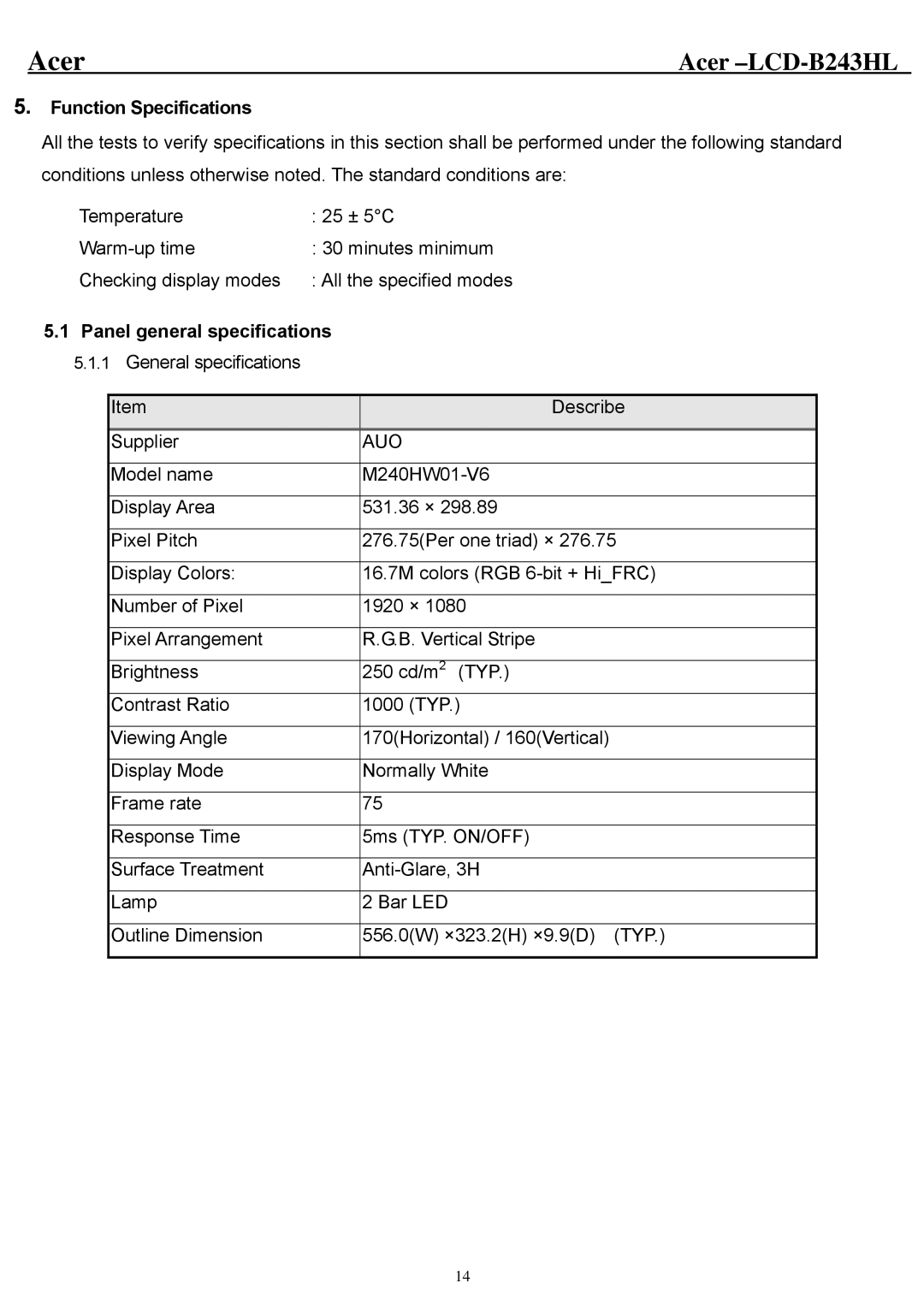 Acer B243HL service manual Function Specifications, Panel general specifications 