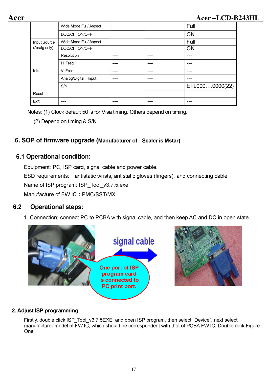 Acer B243HL service manual SOP of firmware upgrade Manufacturer of Scaler is Mstar, Adjust ISP programming 