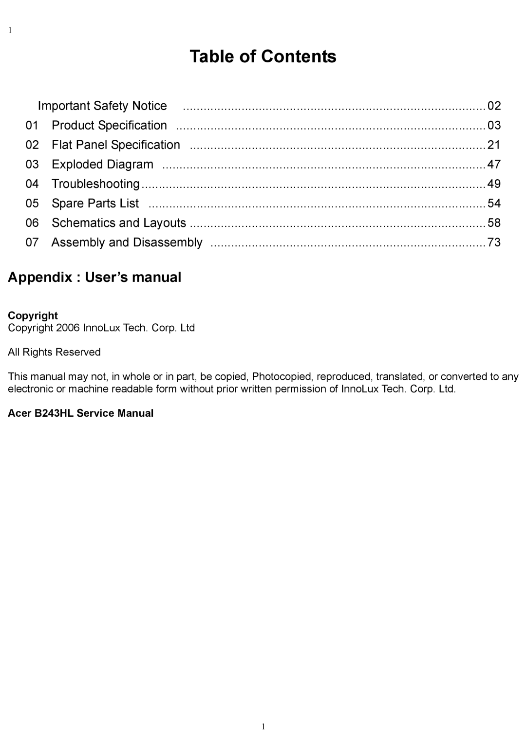 Acer B243HL service manual Table of Contents 