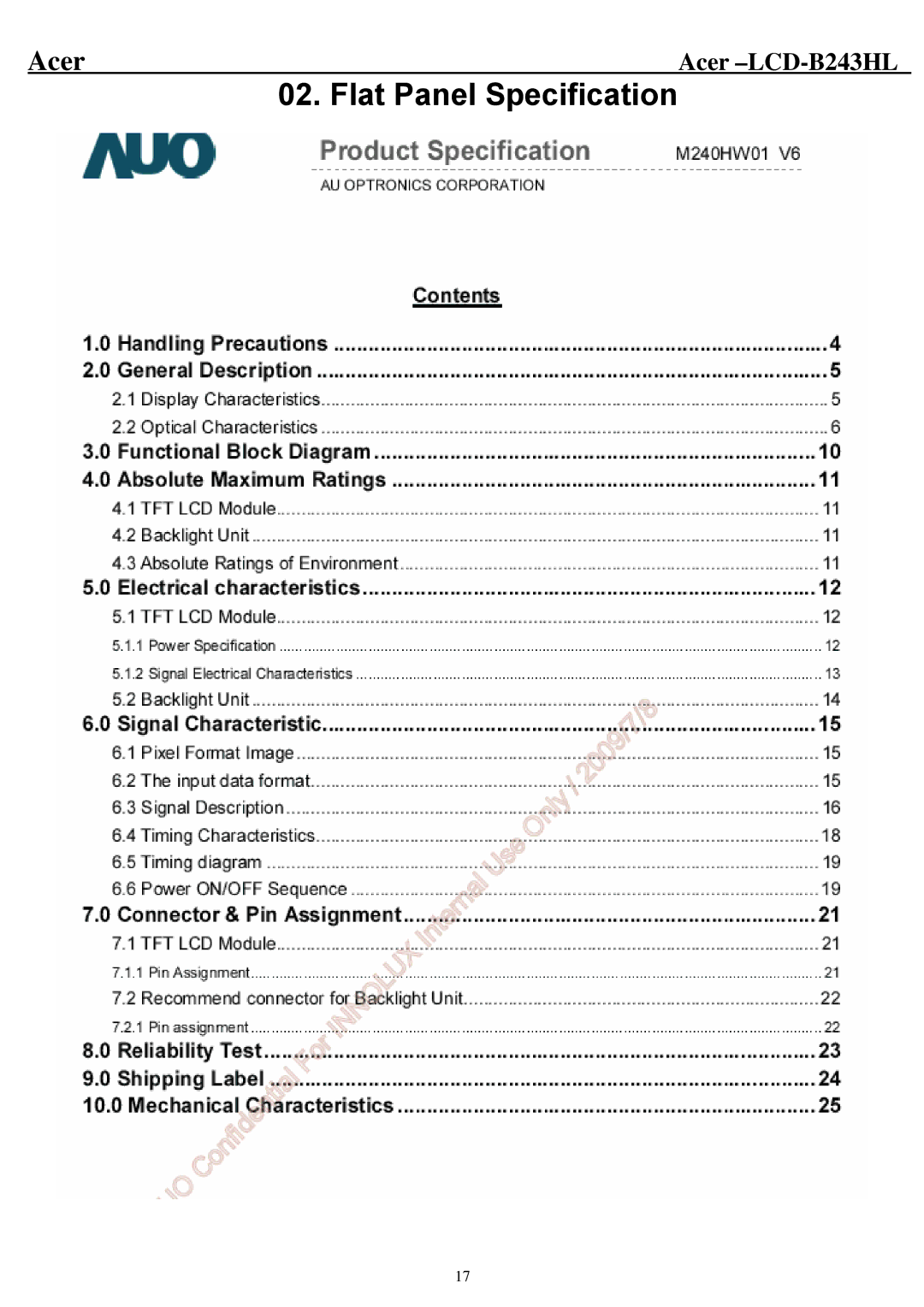 Acer B243HL service manual Flat Panel Specification 