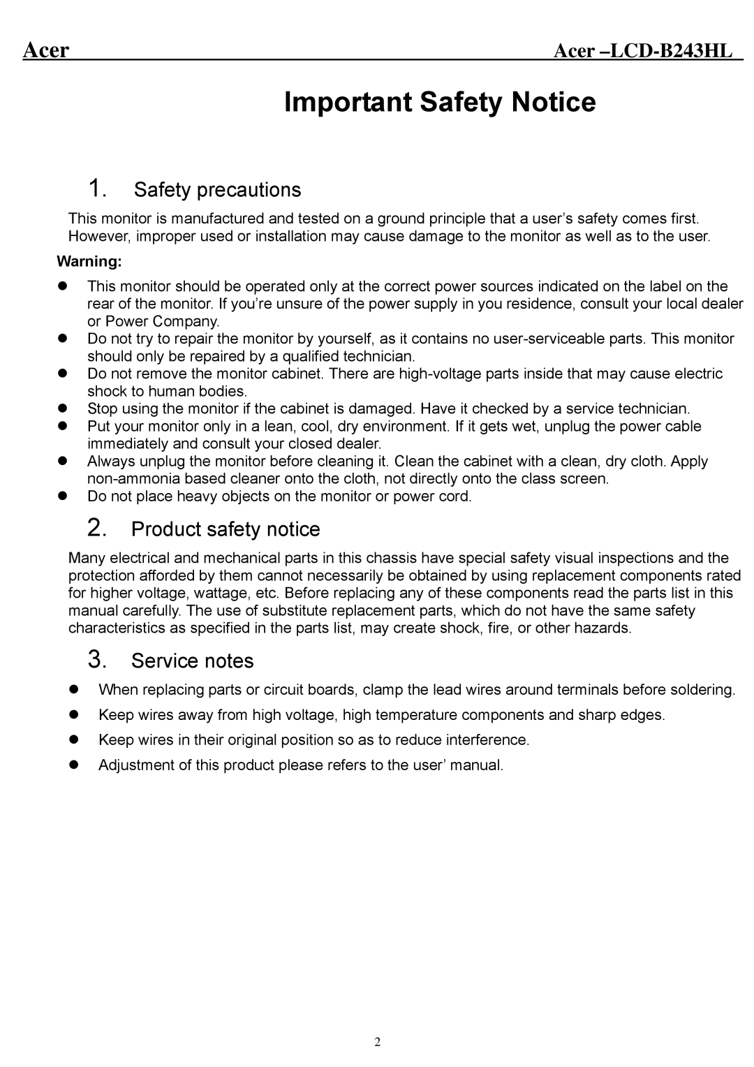 Acer B243HL service manual Important Safety Notice 