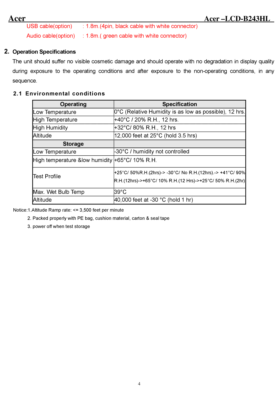 Acer B243HL service manual Operation Specifications, Environmental conditions Operating Specification, Storage 