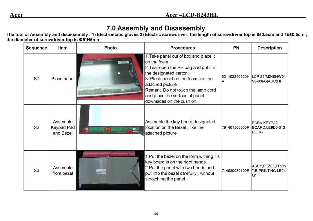 Acer B243HL service manual Assembly and Disassembly, Photo Procedures Description 