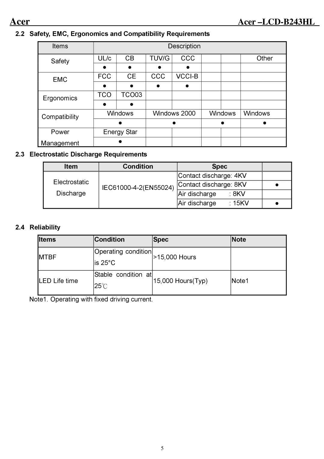 Acer B243HL Safety, EMC, Ergonomics and Compatibility Requirements, Electrostatic Discharge Requirements, Spec 