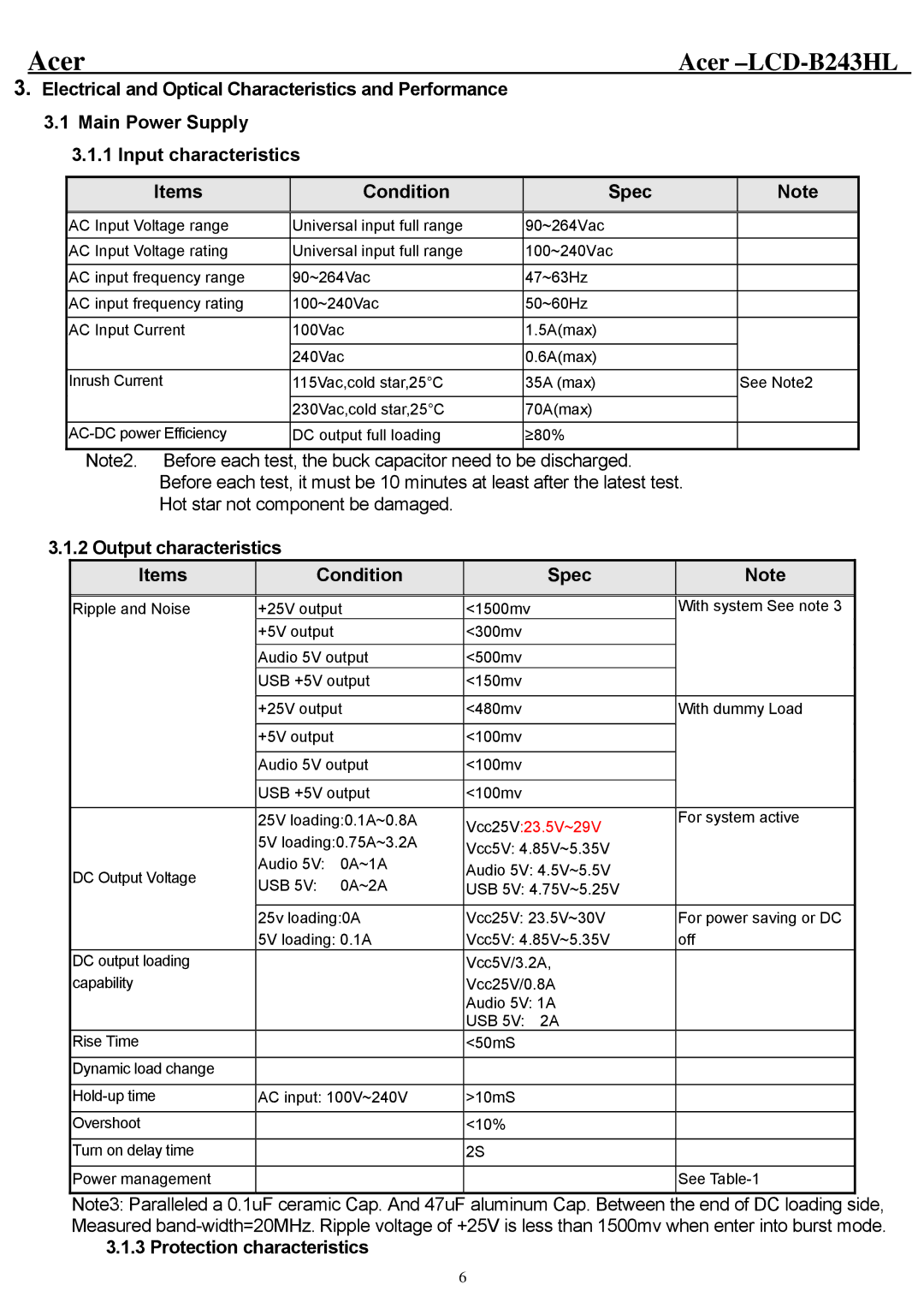 Acer B243HL service manual Output characteristics Items Condition Spec, Protection characteristics 