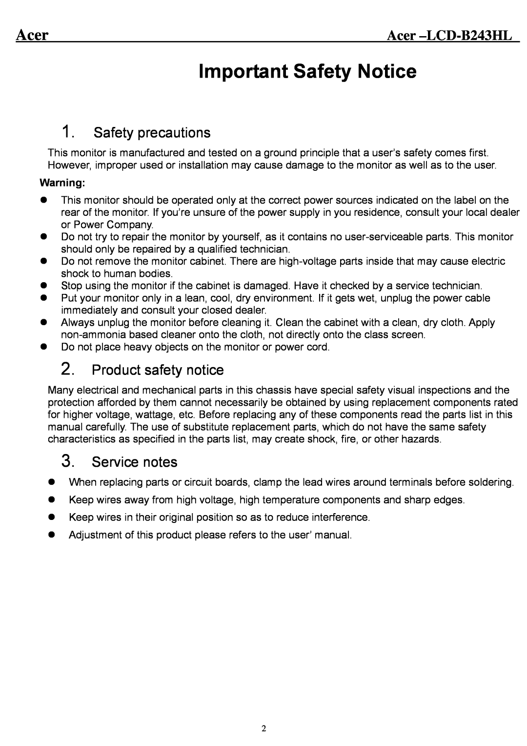 Acer Important Safety Notice, Acer -LCD-B243HL, Safety precautions, Product safety notice, Service notes 