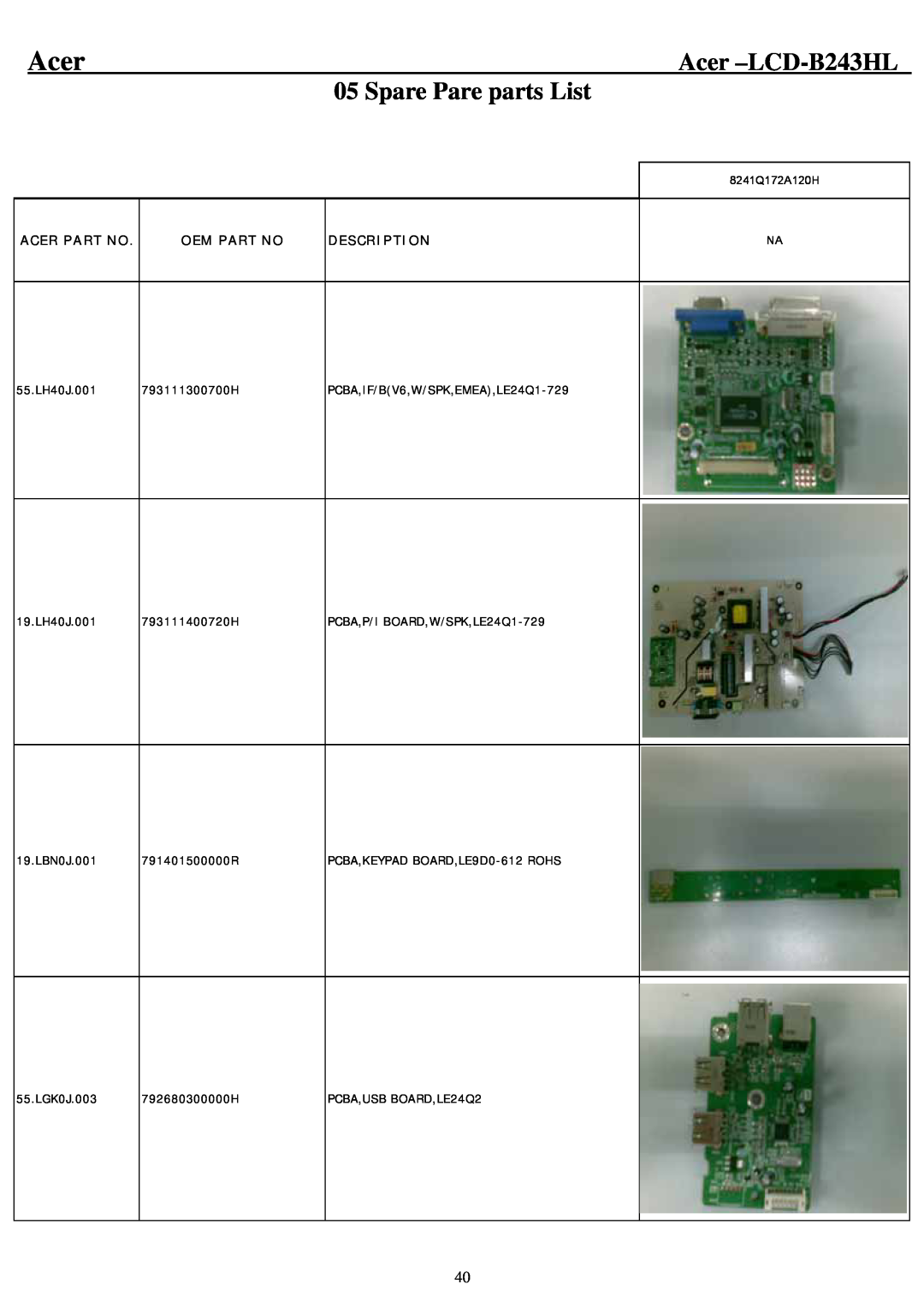 Acer service manual Spare Pare parts List, Acer -LCD-B243HL, Acer Part No, Oem Part No, Description 