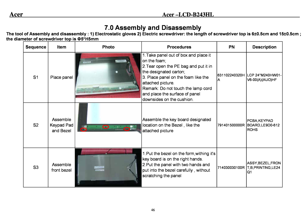 Acer service manual Assembly and Disassembly, Photo, Procedures, Description, Acer -LCD-B243HL 
