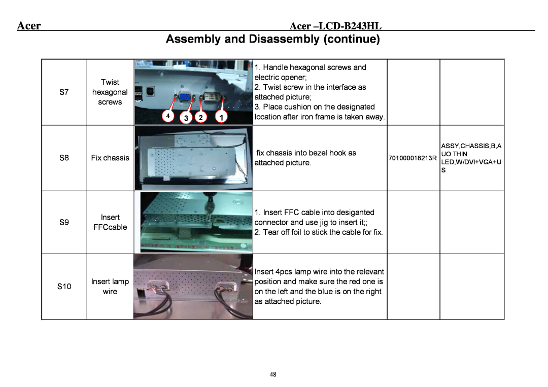 Acer service manual Assembly and Disassembly continue, Acer -LCD-B243HL, FFCcable 