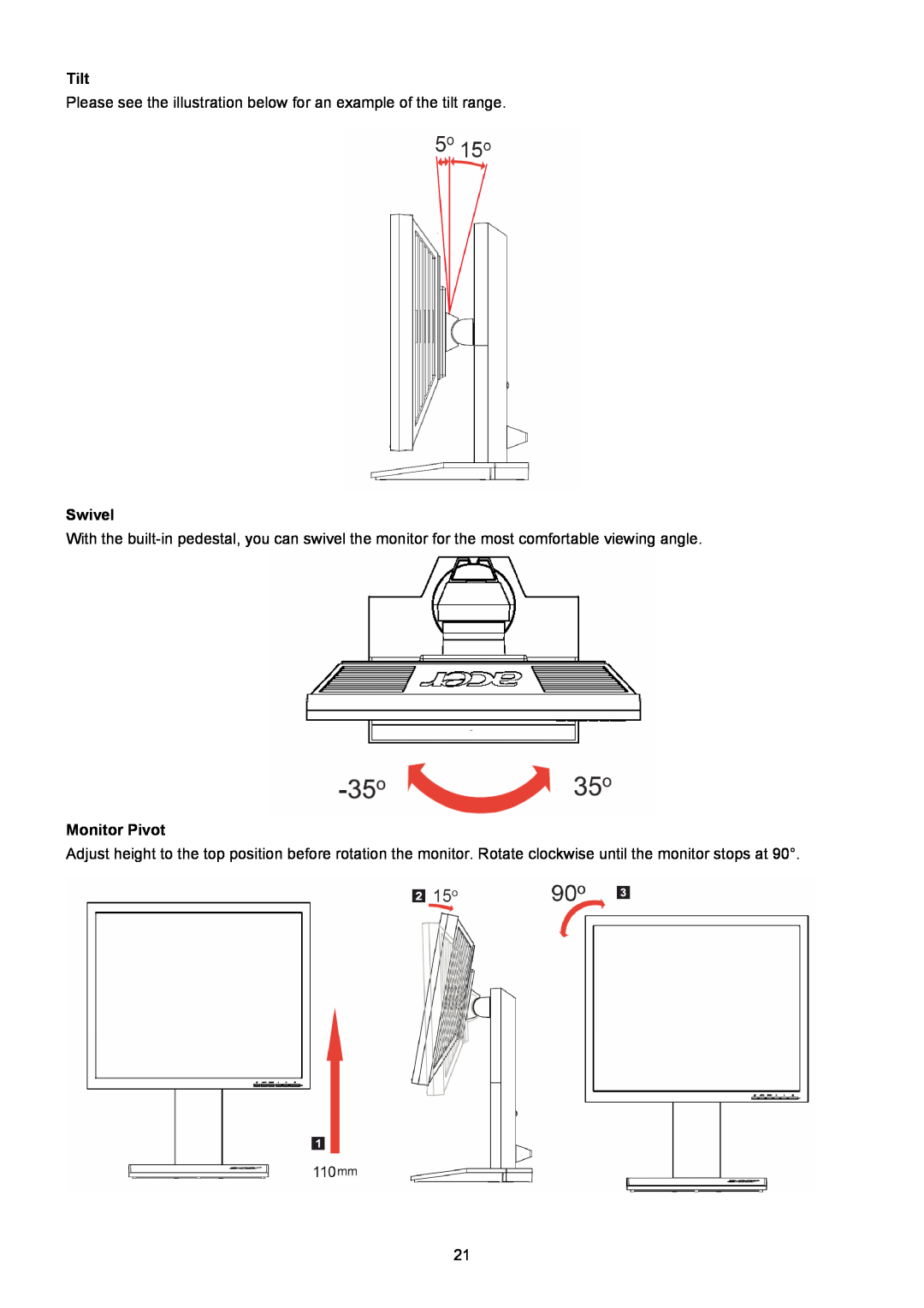 Acer B243W manual Tilt, Swivel, Monitor Pivot 