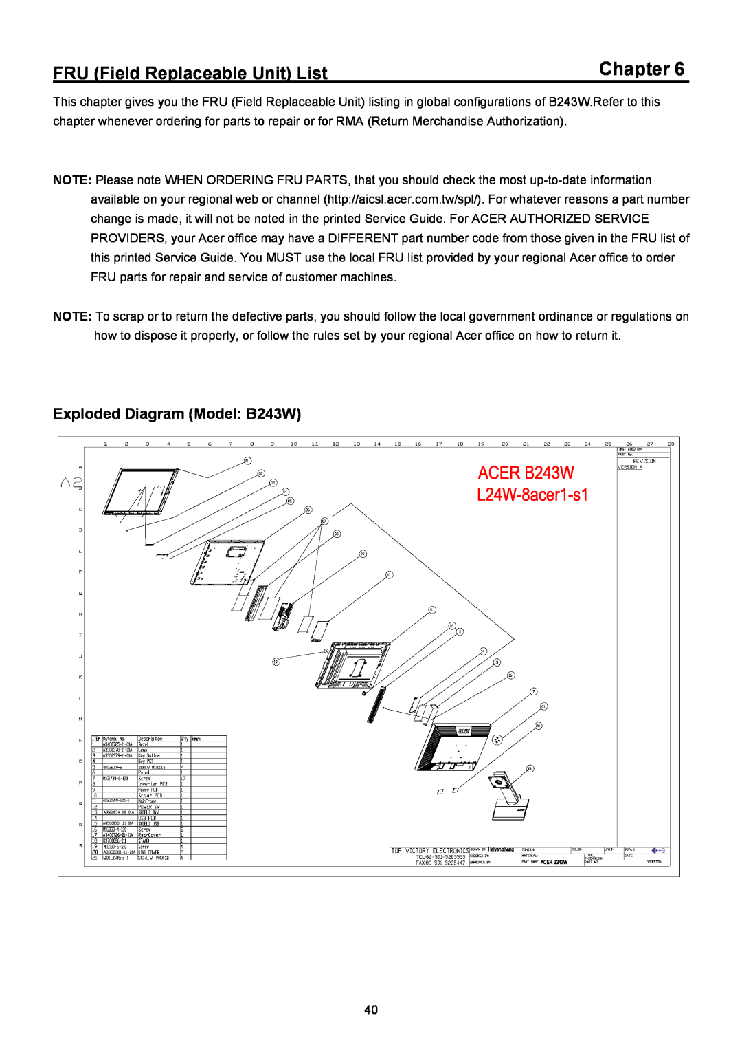 Acer manual Chapter, FRU Field Replaceable Unit List, Exploded Diagram Model B243W 