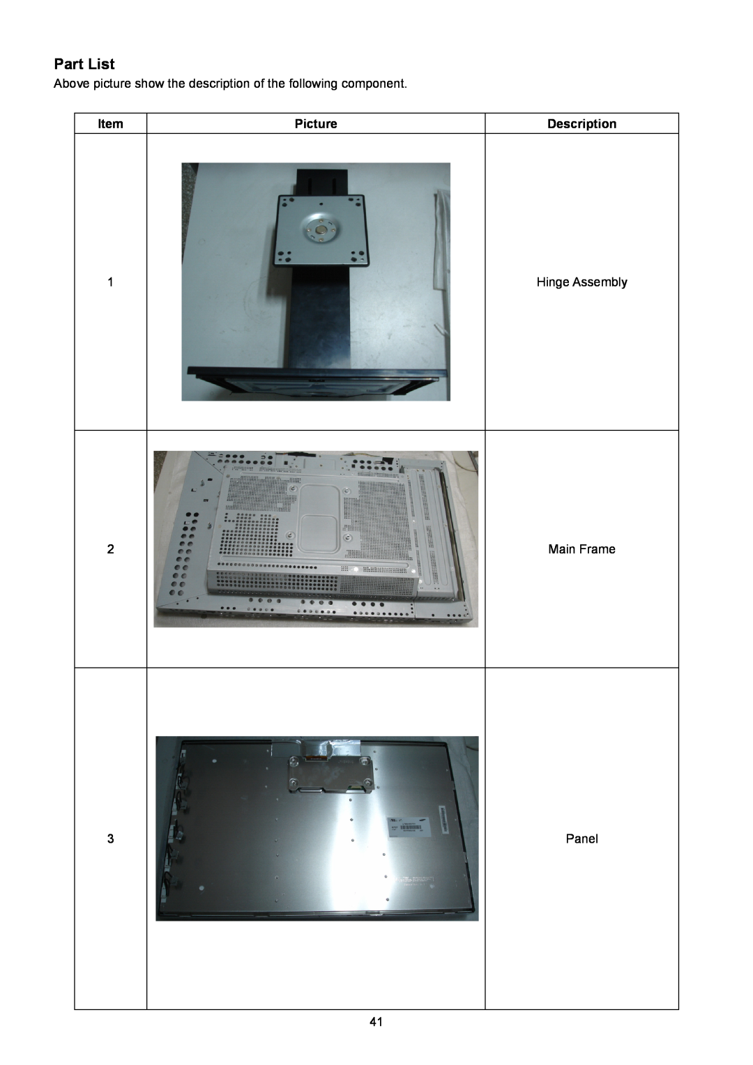 Acer B243W manual Part List, Picture, Description 