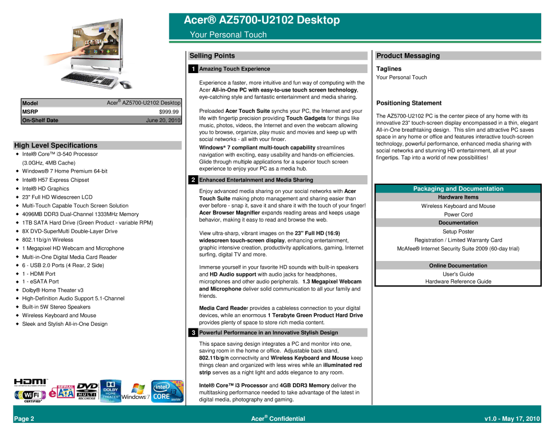 Acer BTS 2010 manual High Level Specifications, Selling Points, Product Messaging 