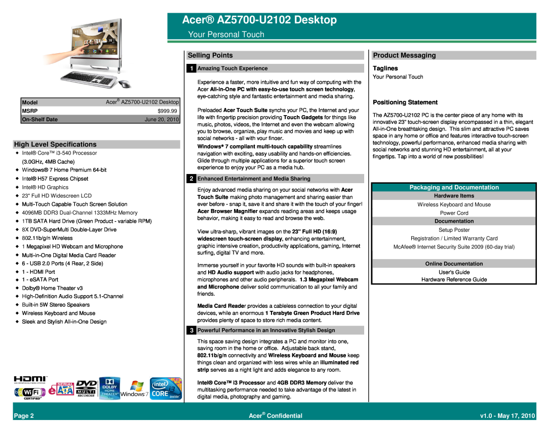 Acer BTS 2010 Acer AZ5700-U2102 Desktop, Packaging and Documentation, Page, v1.0 - May 17, Your Personal Touch, Taglines 