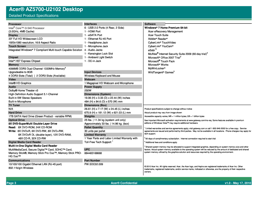 Acer BTS 2010 manual Acer AZ5700-U2102 Desktop, Detailed Product Specifications, Page, Acer Confidential, v1.0 - May 17 