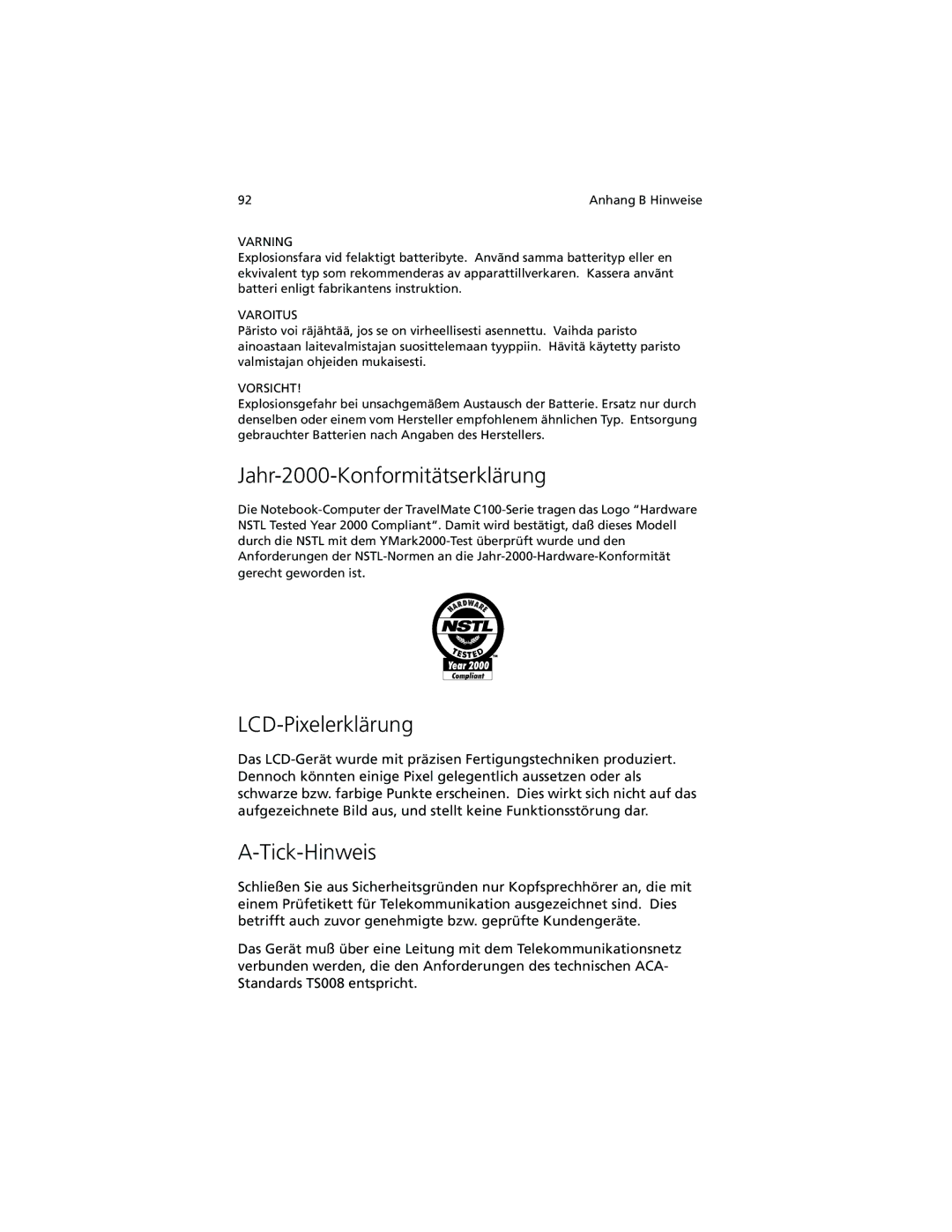 Acer C100-Series manual Jahr-2000-Konformitätserklärung, LCD-Pixelerklärung, Tick-Hinweis 