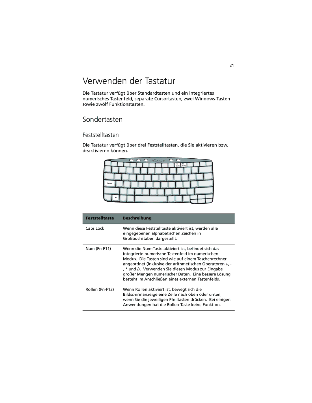 Acer C100-Series manual Verwenden der Tastatur, Sondertasten, Feststelltasten, Feststelltaste Beschreibung 