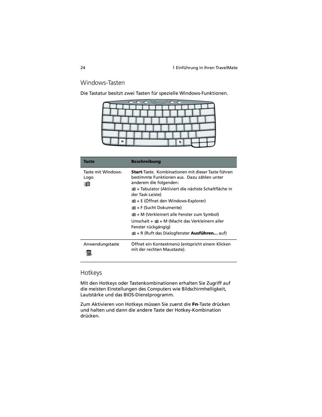 Acer C100-Series manual Windows-Tasten, Hotkeys, TasteBeschreibung 