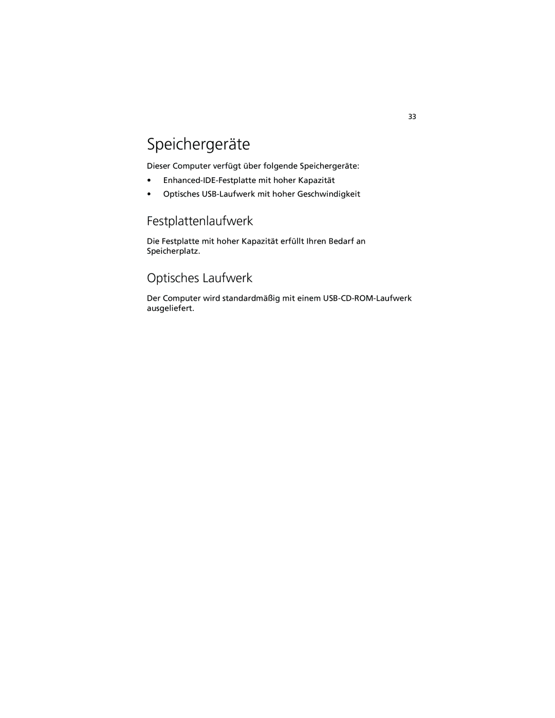 Acer C100-Series manual Speichergeräte, Festplattenlaufwerk, Optisches Laufwerk 