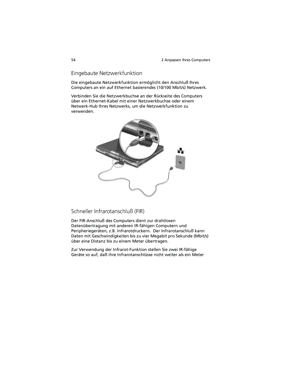 Acer C100-Series manual Eingebaute Netzwerkfunktion, Schneller Infrarotanschluß FIR 