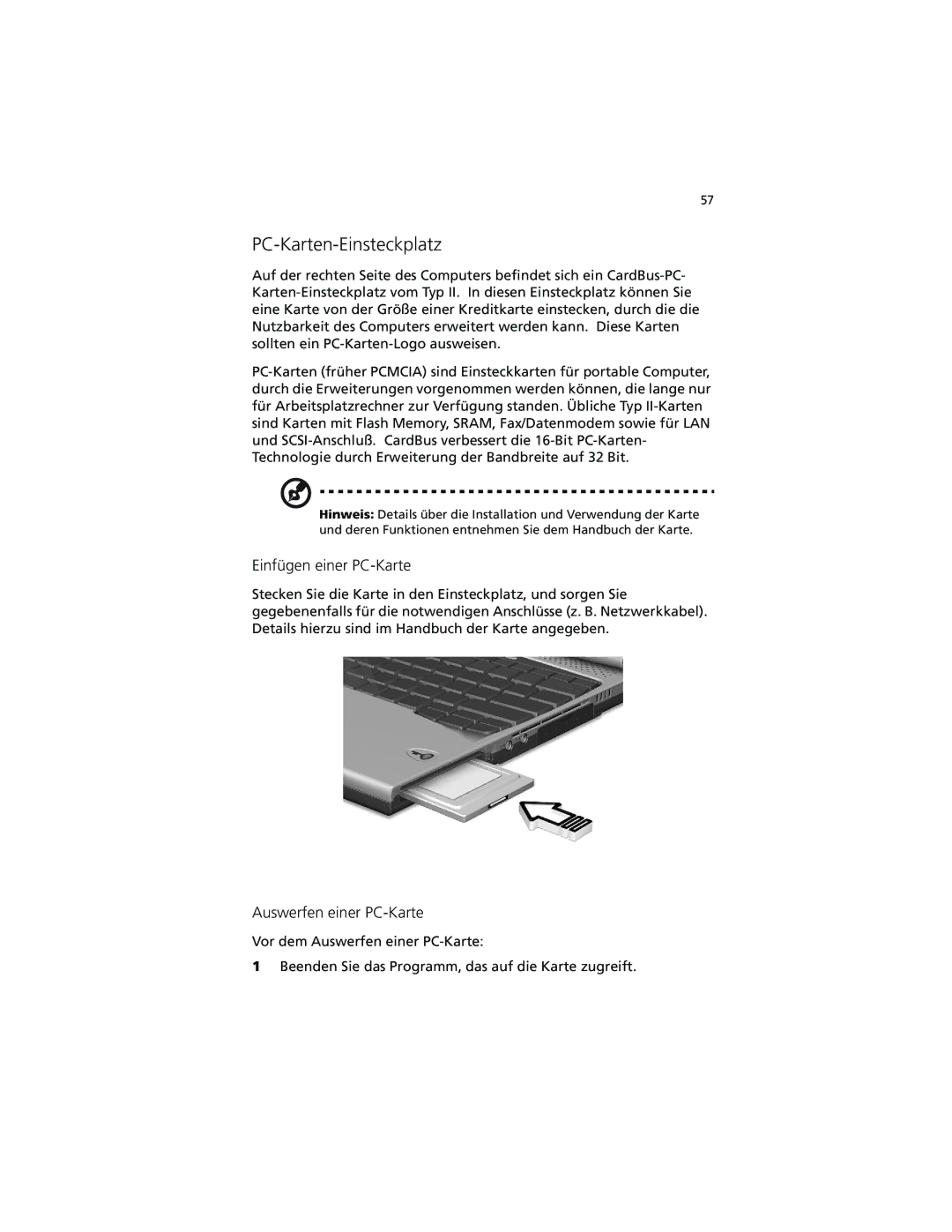 Acer C100-Series manual PC-Karten-Einsteckplatz, Einfügen einer PC-Karte, Auswerfen einer PC-Karte 