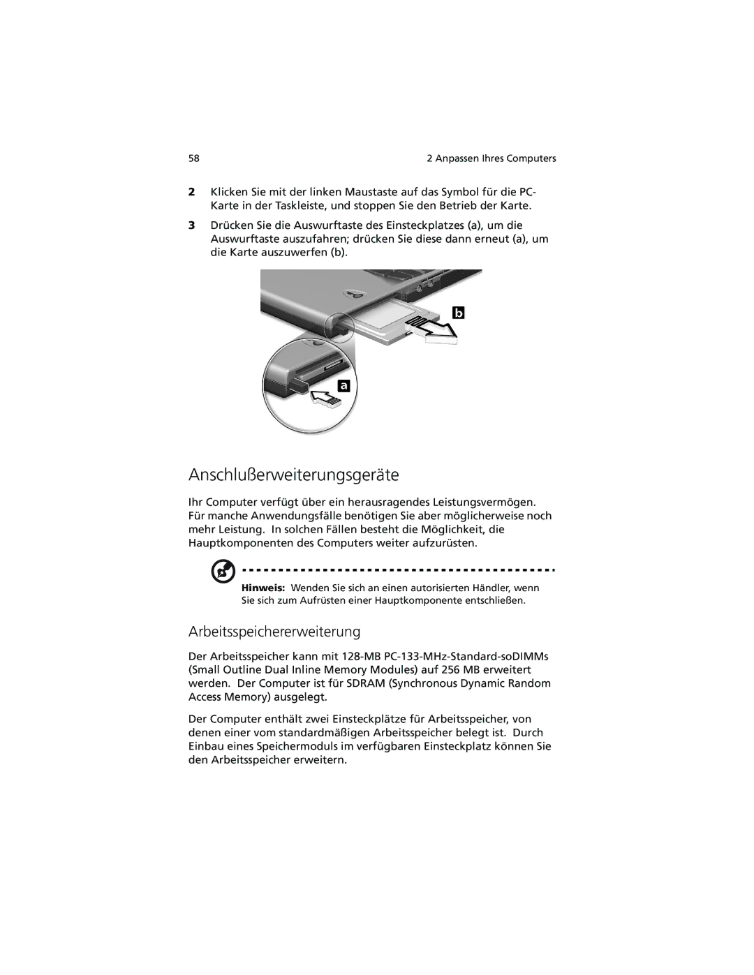 Acer C100-Series manual Anschlußerweiterungsgeräte, Arbeitsspeichererweiterung 