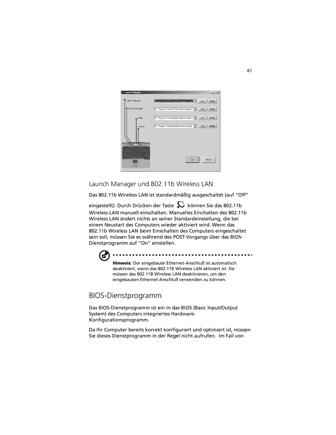 Acer C100-Series manual BIOS-Dienstprogramm, Launch Manager und 802.11b Wireless LAN 