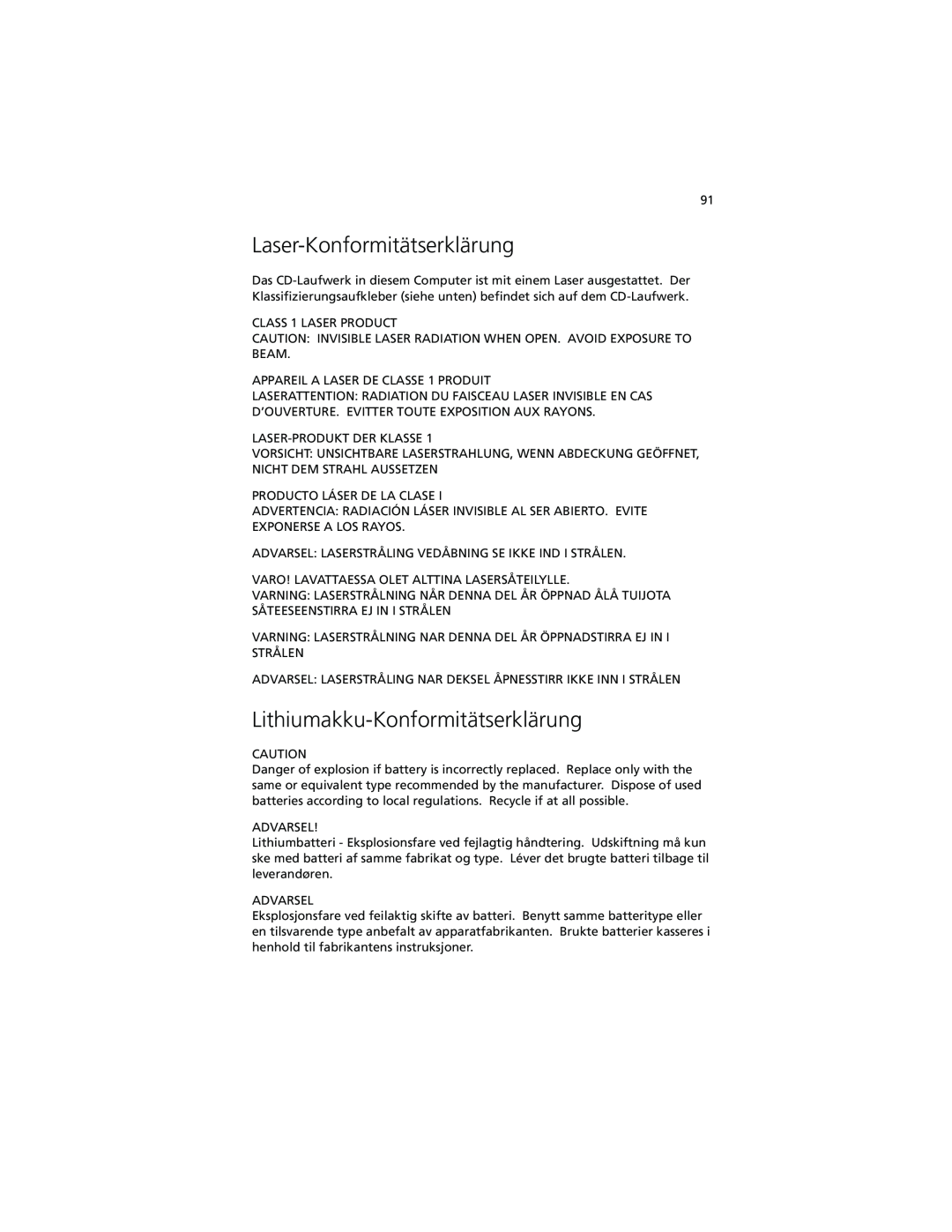 Acer C100-Series manual Laser-Konformitätserklärung, Lithiumakku-Konformitätserklärung 
