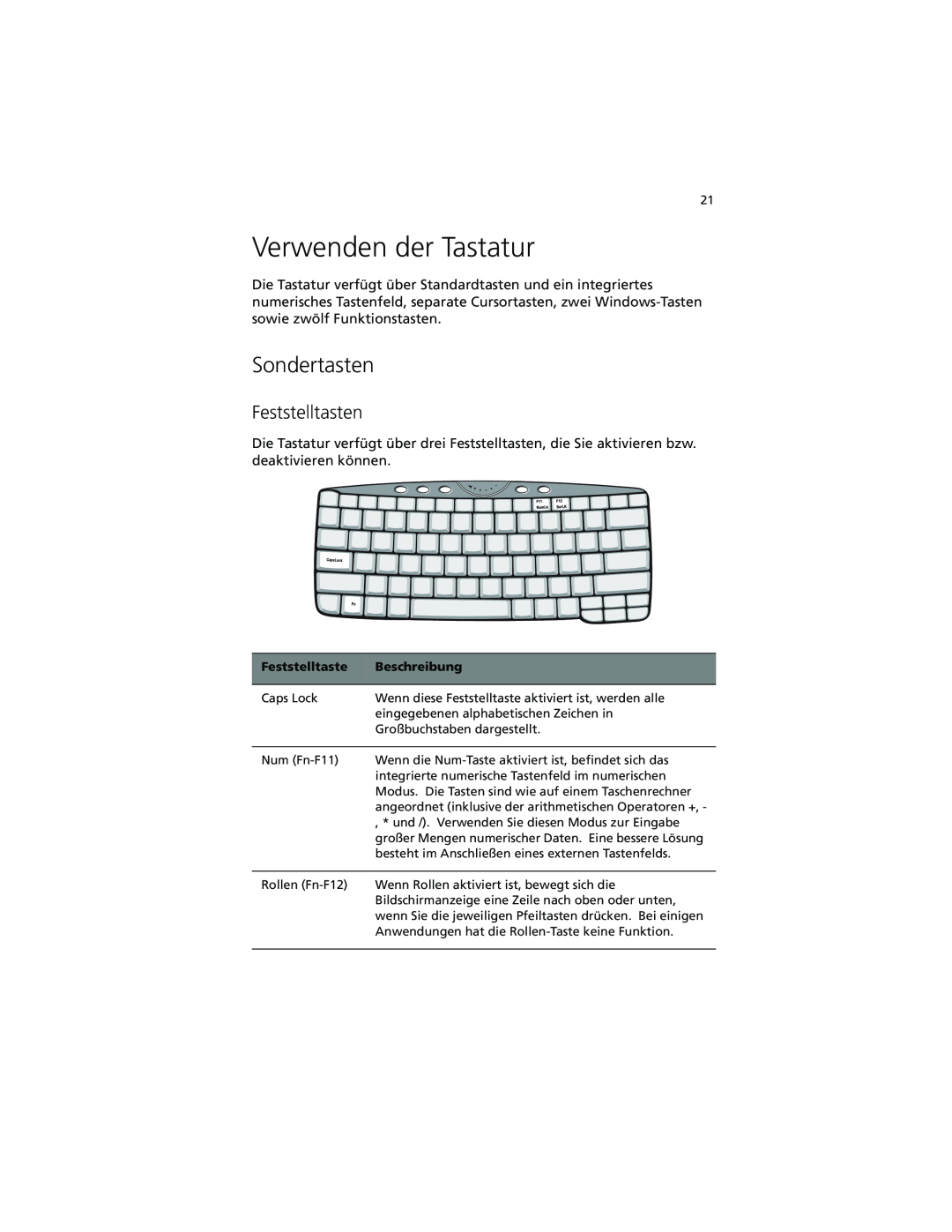 Acer C100-Series manual Verwenden der Tastatur, Sondertasten, Feststelltasten 