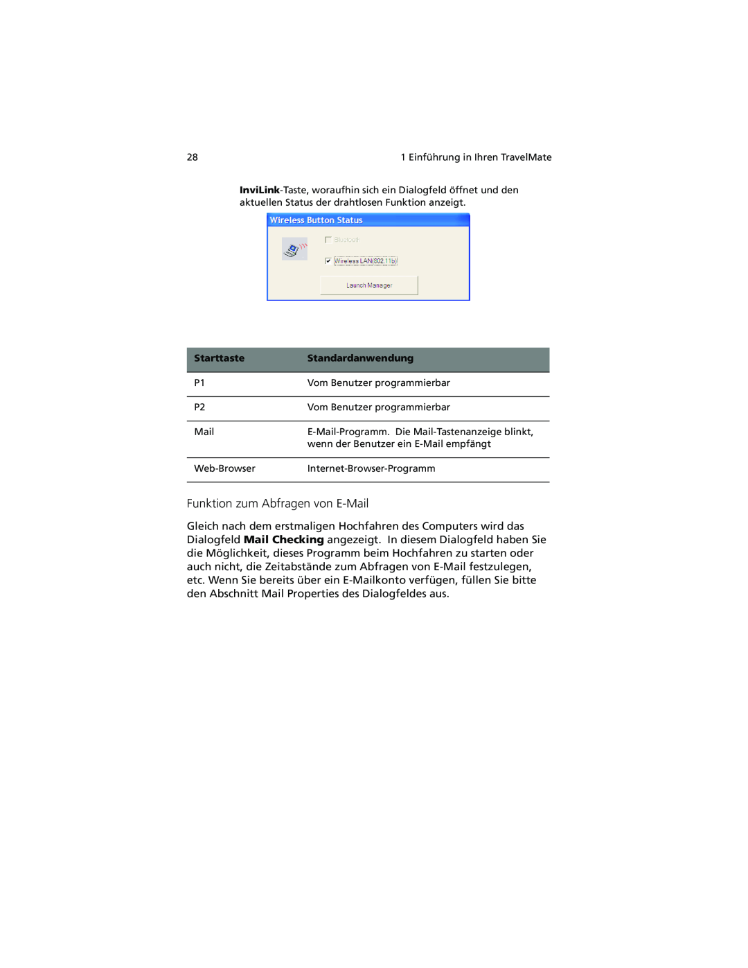 Acer C100-Series manual Funktion zum Abfragen von E-Mail, Starttaste, Standardanwendung 
