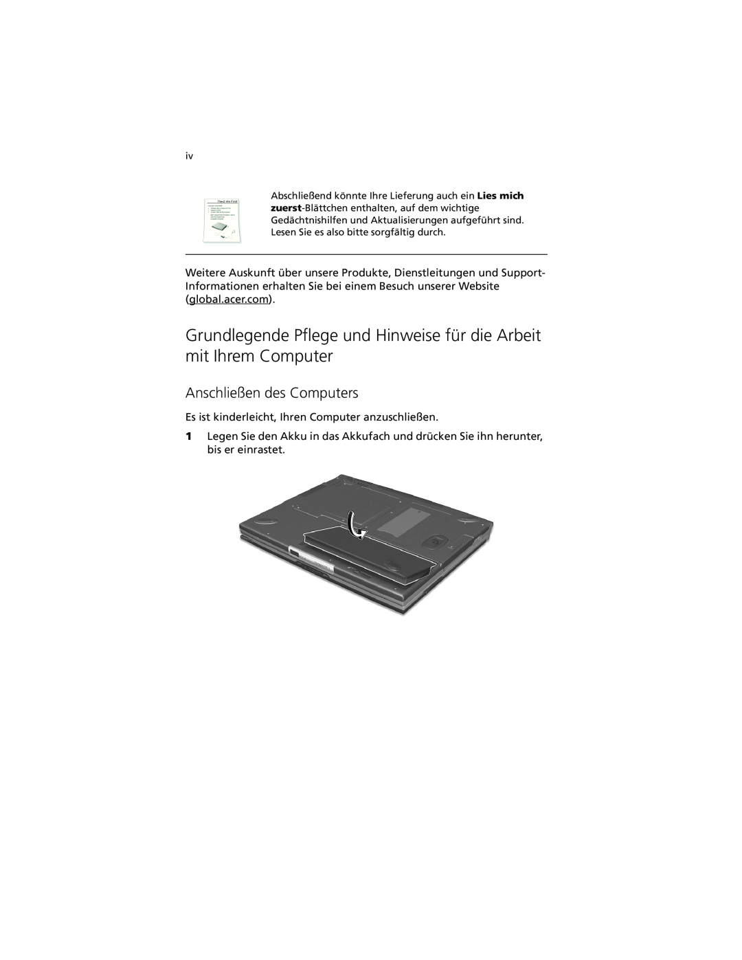 Acer C100-Series manual Grundlegende Pflege und Hinweise für die Arbeit mit Ihrem Computer, Anschließen des Computers 