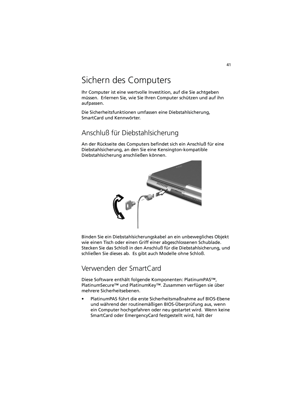Acer C100-Series manual Sichern des Computers, Anschluß für Diebstahlsicherung, Verwenden der SmartCard 