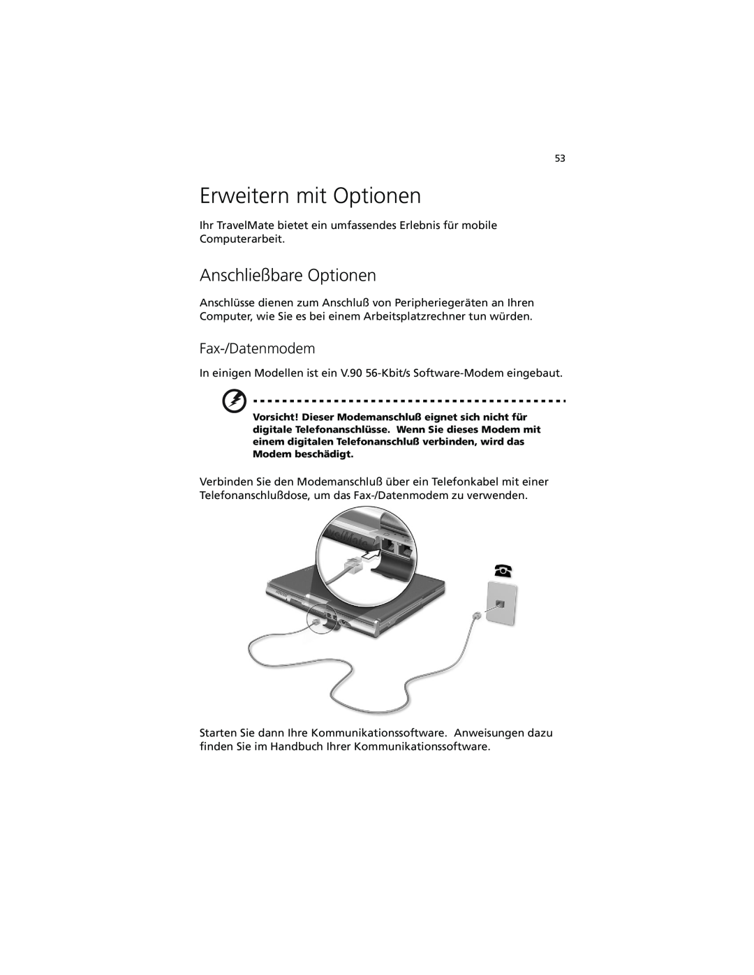 Acer C100-Series manual Erweitern mit Optionen, Anschließbare Optionen, Fax-/Datenmodem 