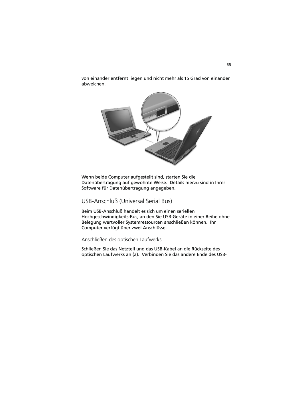 Acer C100-Series manual USB-Anschluß Universal Serial Bus, Anschließen des optischen Laufwerks 