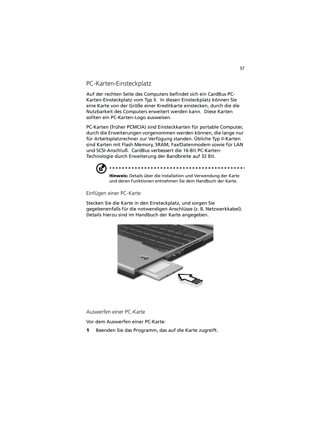 Acer C100-Series manual PC-Karten-Einsteckplatz, Einfügen einer PC-Karte, Auswerfen einer PC-Karte 