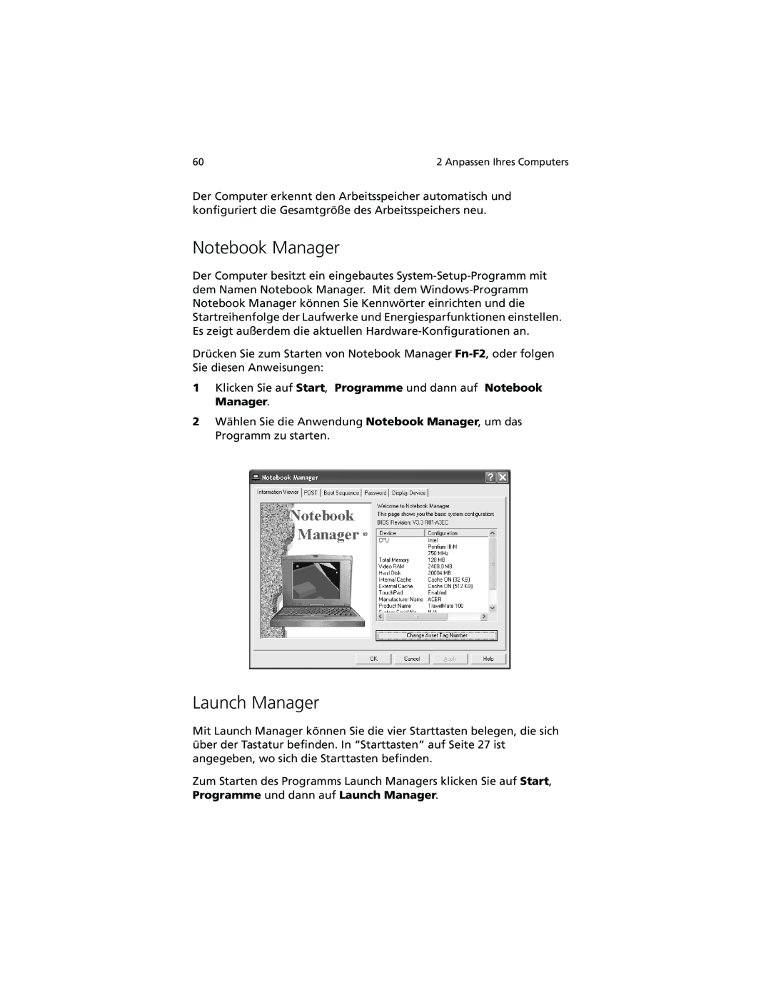 Acer C100-Series manual Notebook Manager, Launch Manager 