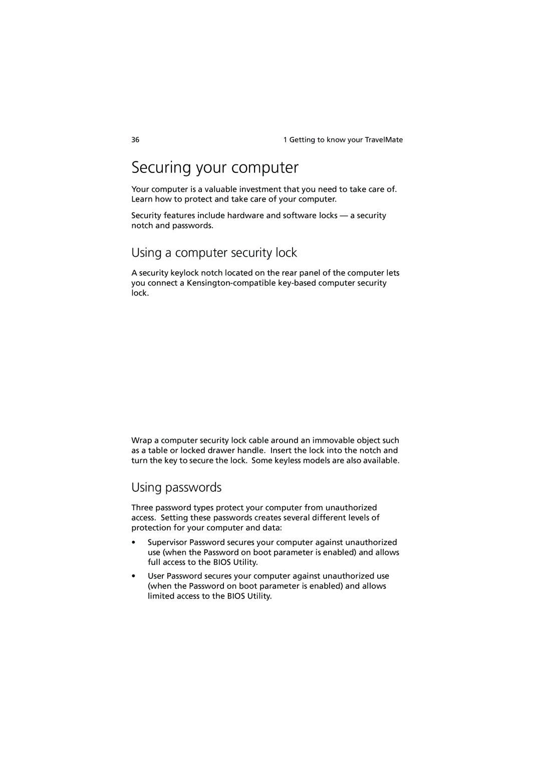 Acer C110 Series manual Securing your computer, Using a computer security lock, Using passwords 