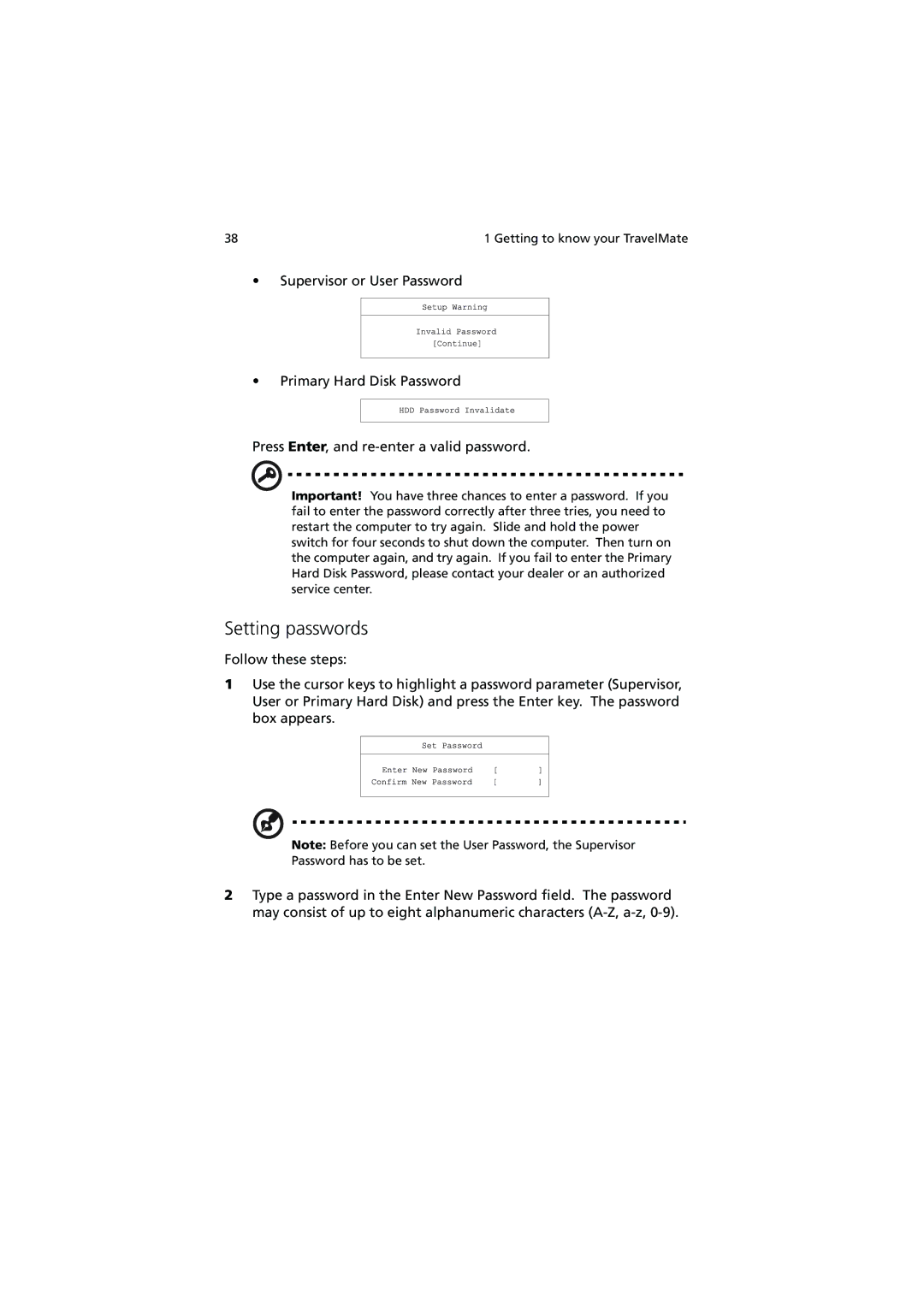 Acer C110 Series manual Setting passwords 