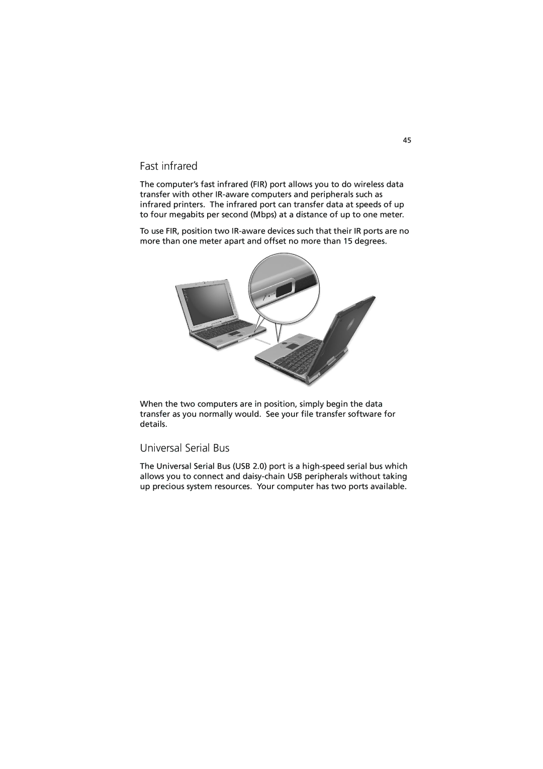 Acer C110 Series manual Fast infrared, Universal Serial Bus 